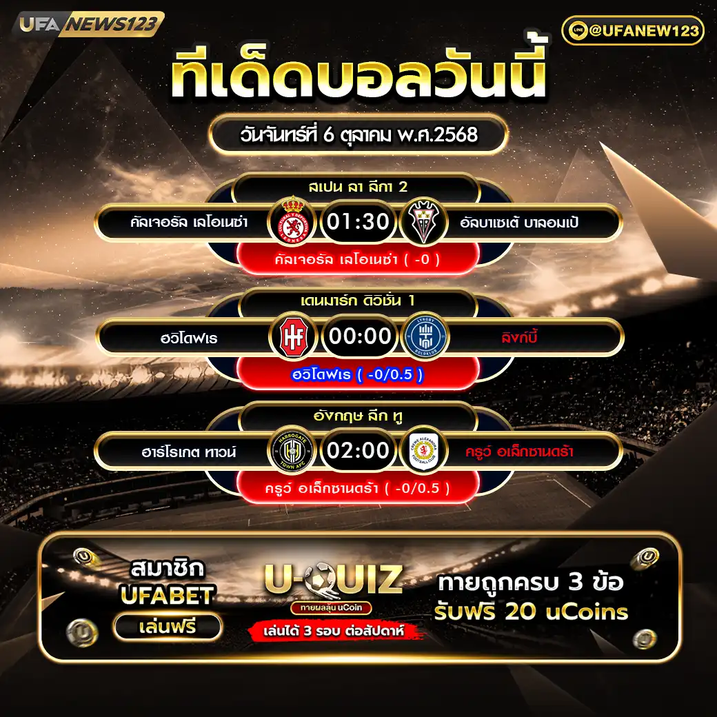 ทีเด็ดบอล แจกบอลสเต็ป 3 คู่ วันที่ 06 ตุลาคม 2568