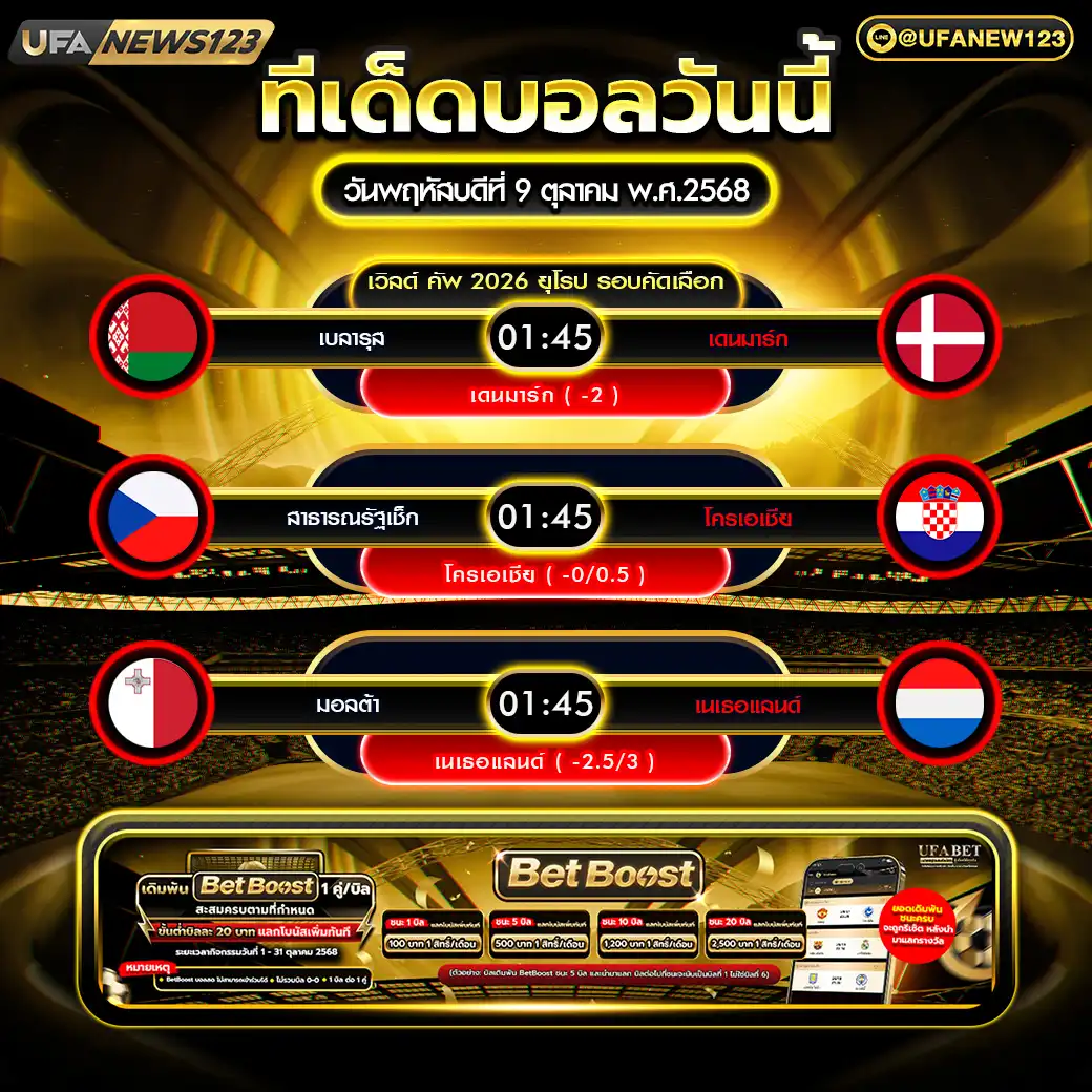 ทีเด็ดบอล แจกบอลสเต็ป 3 คู่ วันที่ 09 ตุลาคม 2568