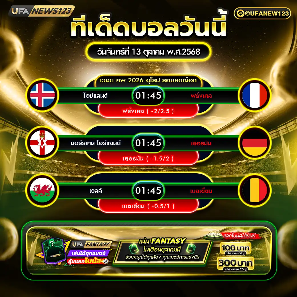 ทีเด็ดบอล แจกบอลสเต็ป 3 คู่ วันที่ 13 ตุลาคม 2568