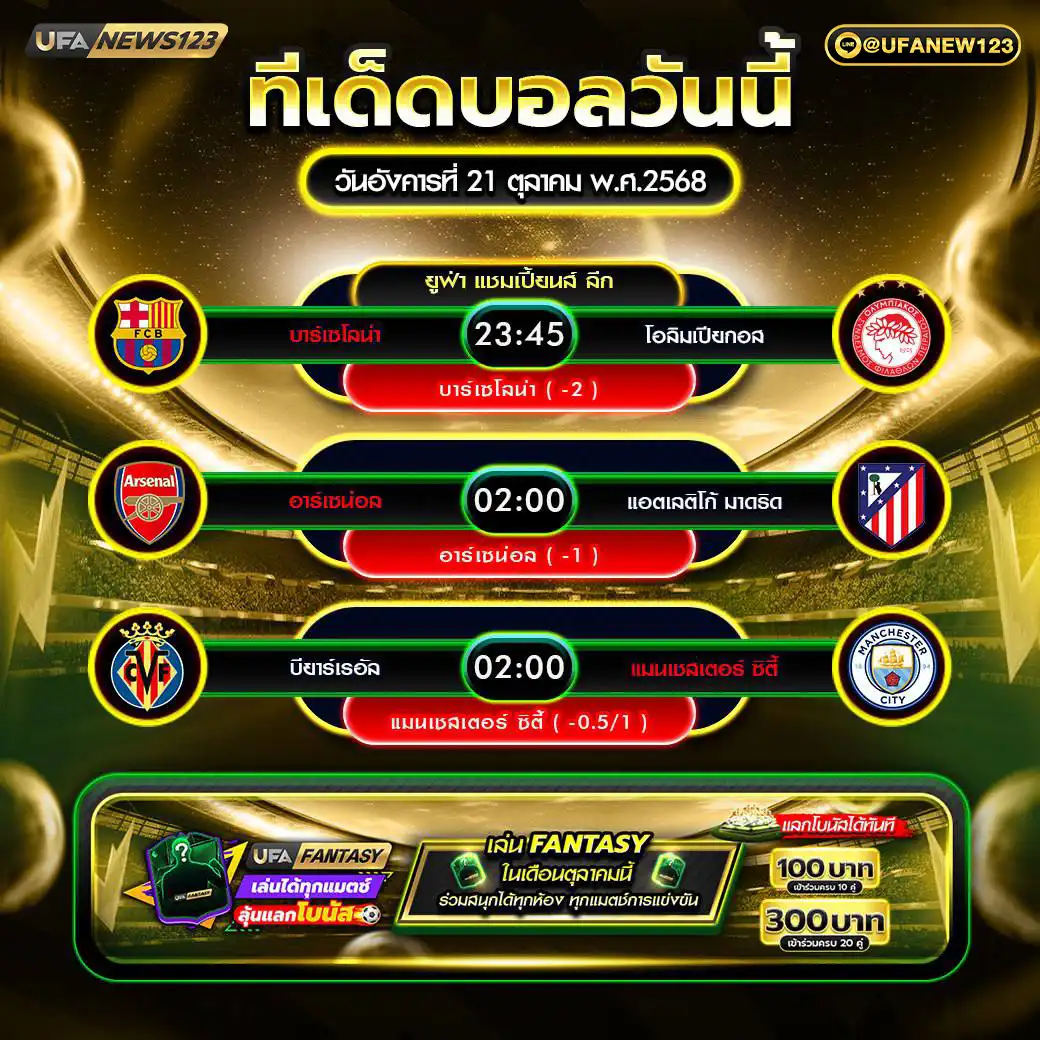 ทีเด็ดบอล แจกบอลสเต็ป 3 คู่ วันที่ 21 ตุลาคม 2568
