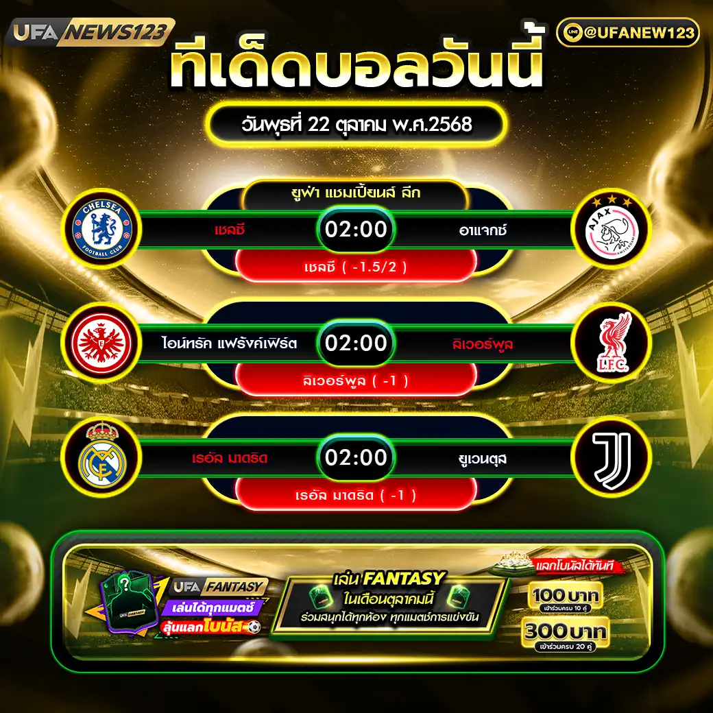 ทีเด็ดบอล แจกบอลสเต็ป 3 คู่ วันที่ 22 ตุลาคม 2568