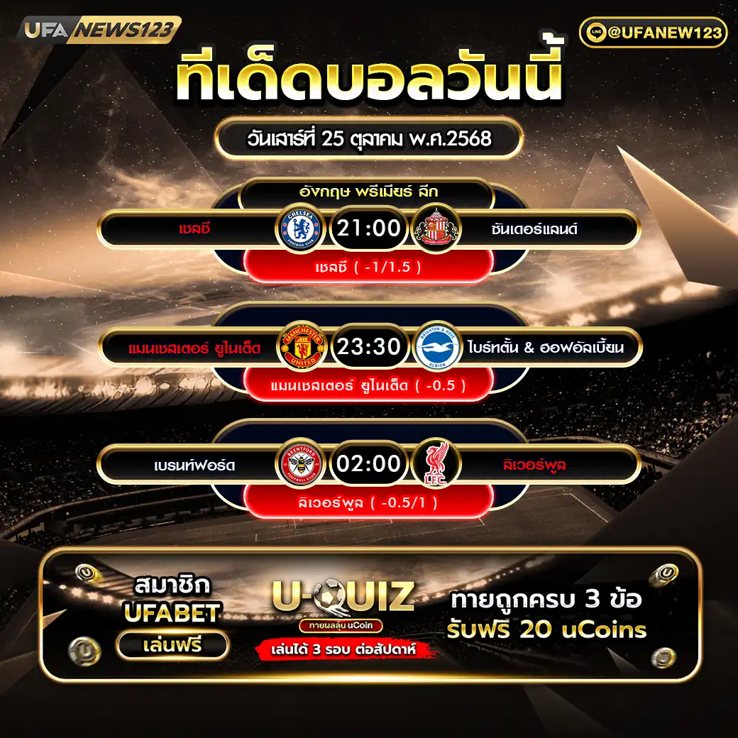 ทีเด็ดบอล แจกบอลสเต็ป 3 คู่ วันที่ 25 ตุลาคม 2568