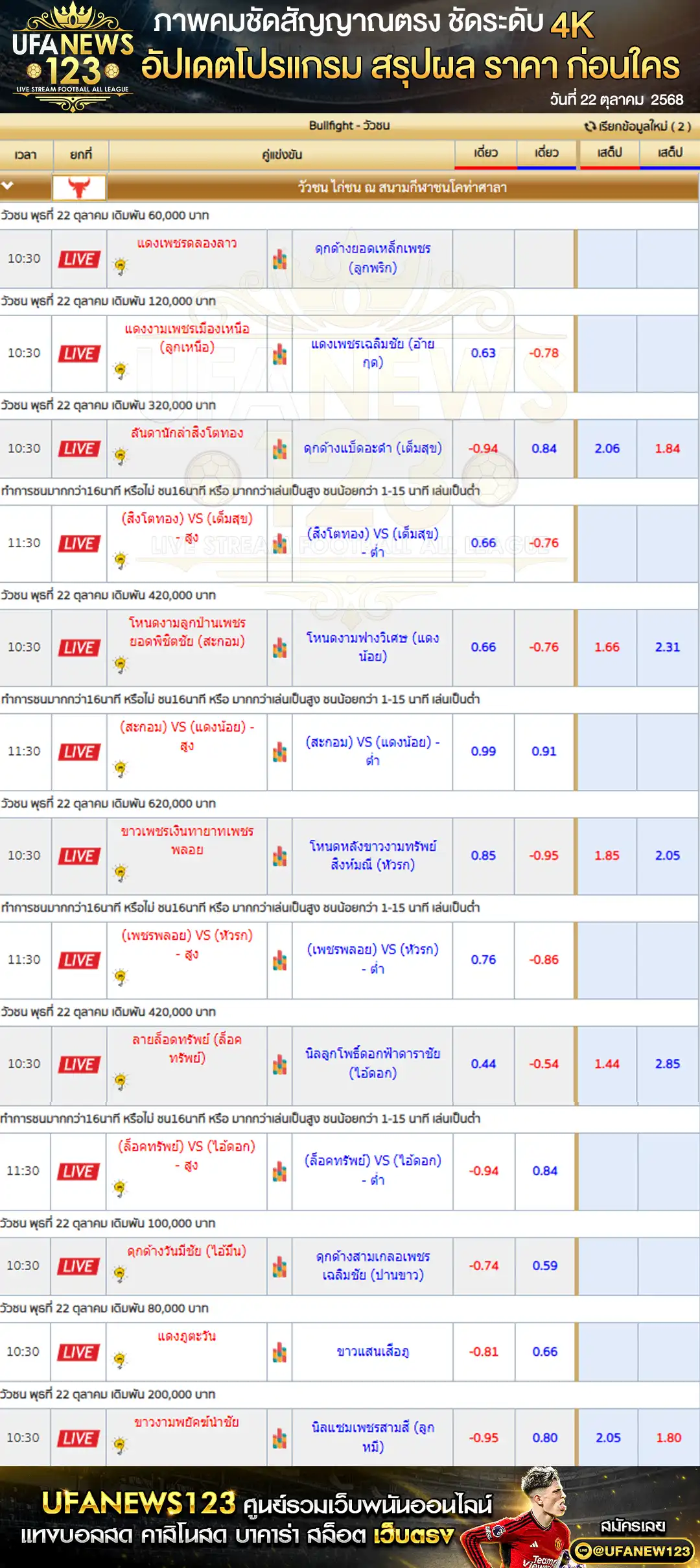 รายการราคาวัวชนประจำวันที่ 22 ตุลาคม 2568 | สนามกีฬาชนโคท่าศาลา เริ่มเวลา 10:00 น.