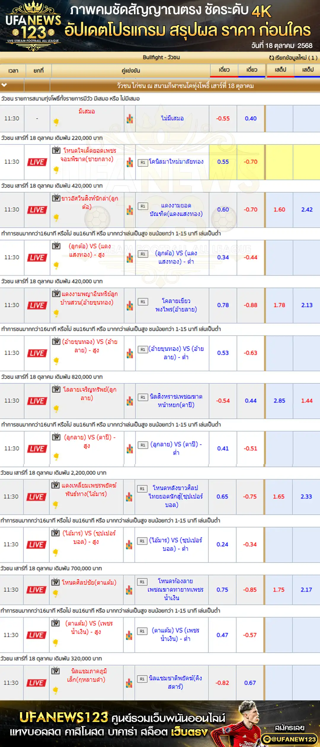 ตารางราคาวัวชนประจำวันที่ 18 ตุลาคม 2568 | สนามชนโคบ้านทุ่งโพธิ์ (เริ่มเวลา 10:00 น.)
