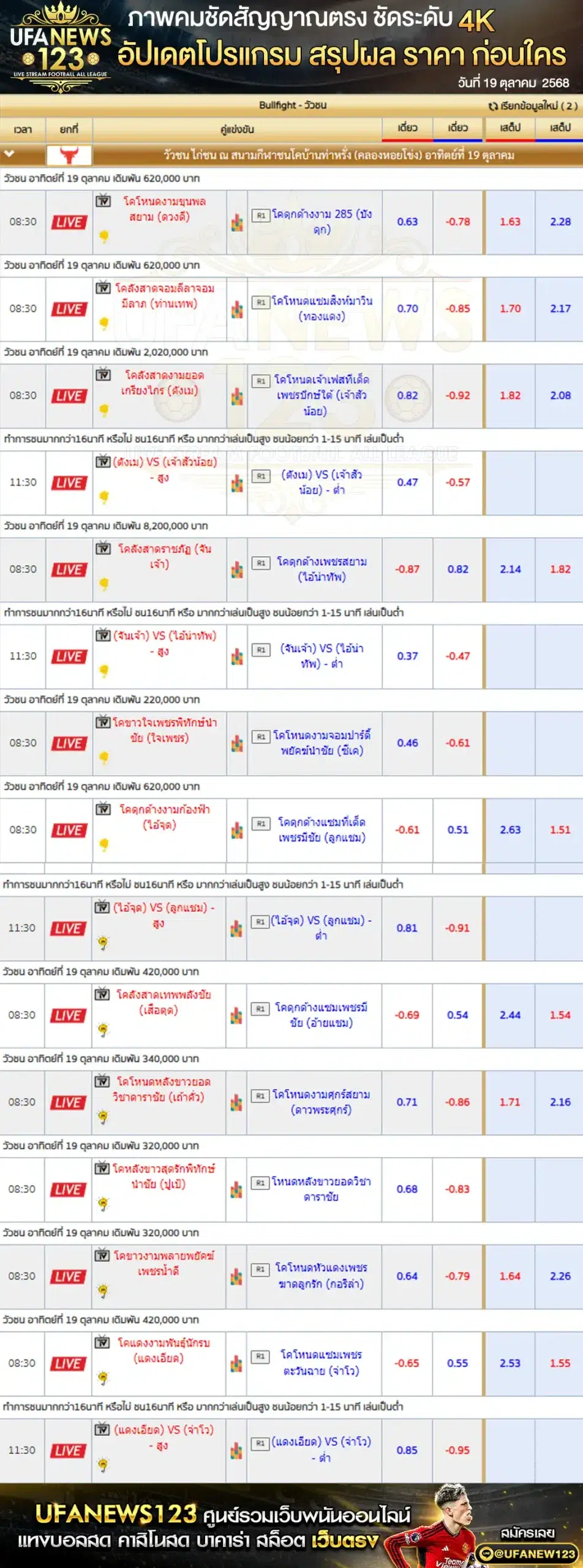 รายการราคาวัวชนประจำวันที่ 19 ตุลาคม 2568 | สนามชนโคบ้านท่าหรั่ง (หอยโข่ง)