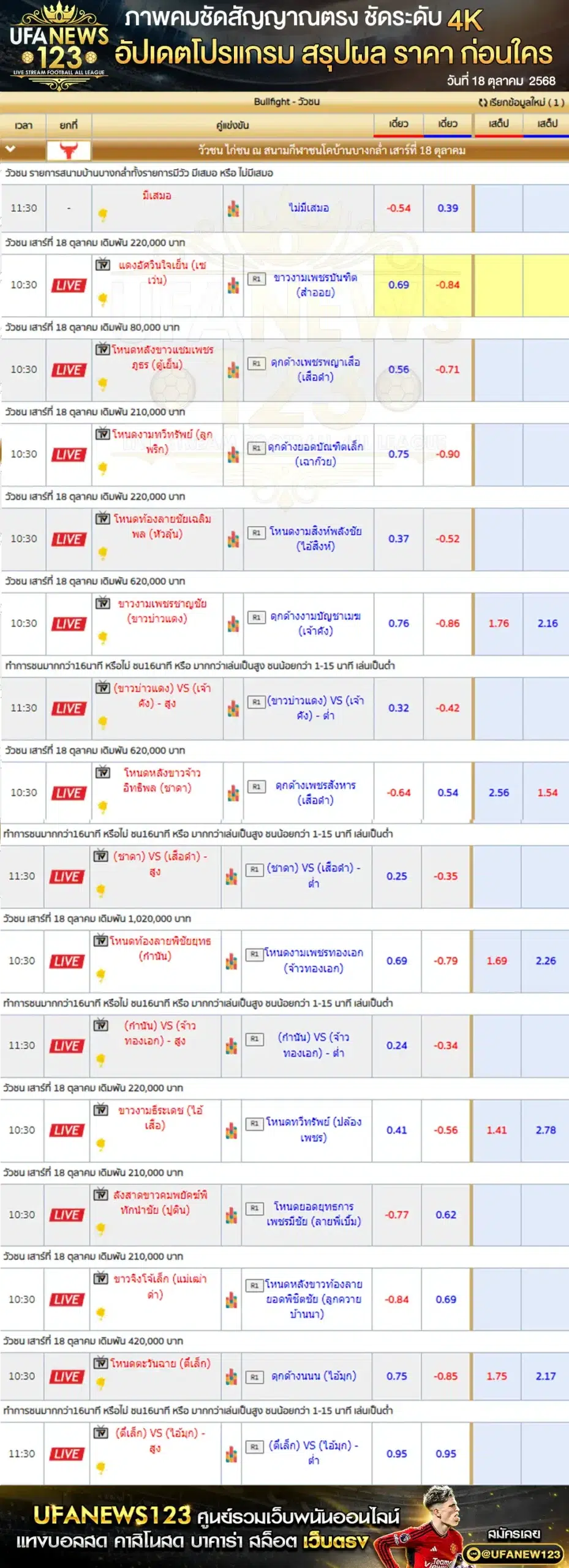 ตารางราคาวัวชนประจำวันที่ 18 ตุลาคม 2568 | สนามชนโคบ้านบางกล่ำ (เริ่มเวลา 10:30 น.)