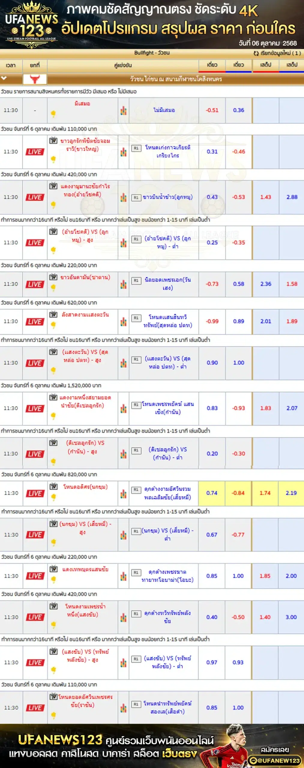รายละเอียดราคาวัวชน 06 ตุลาคม 2568 | สนามกีฬาชนโคสิงหนคร