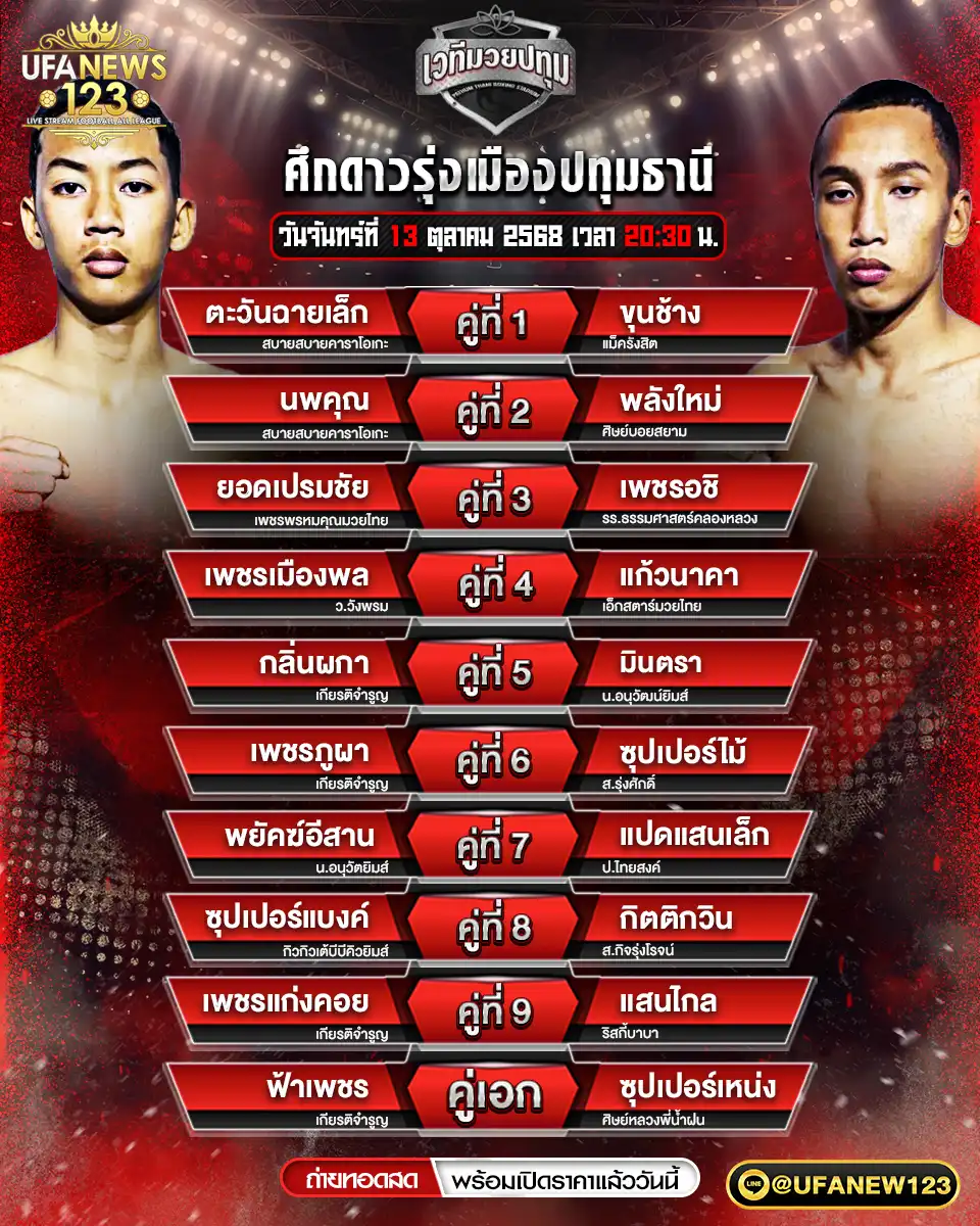 รายการโปรแกรมมวยประจำวันที่ 13 ตุลาคม 2568 | ศึกดาวรุ่งเมืองปทุมธานี (เริ่มเวลา 20:30 น.)