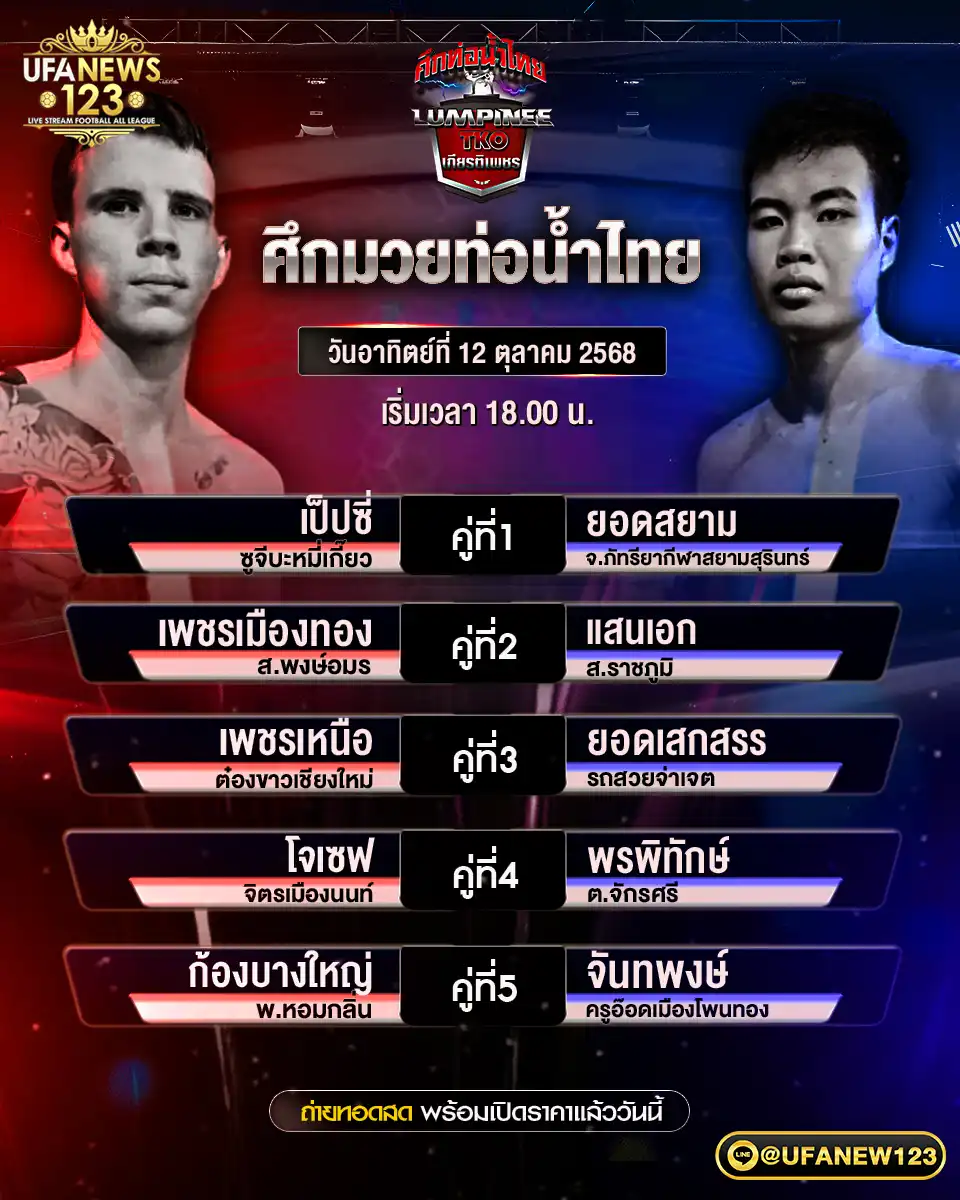รายการโปรแกรมมวยประจำวันที่ 12 ตุลาคม 2568 | ศึกมวยท่อน้ำไทย (เริ่ม 18:00 น.)