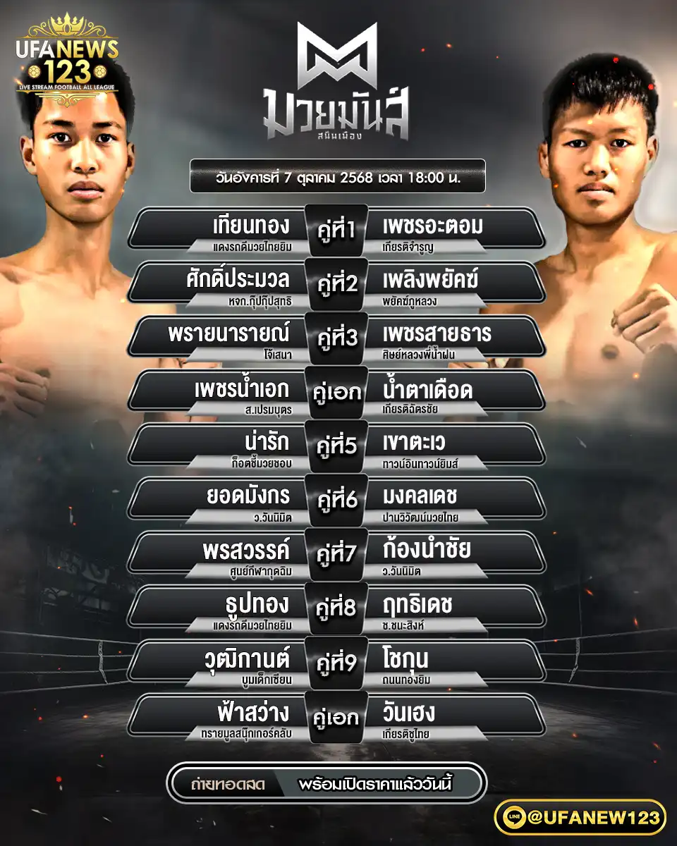 รายละเอียดการแข่งขัน ศึกมวยมันส์สนั่นเมือง 07 ตุลาคม 2568 | เริ่มแข่งขันเวลา 18:00 น.