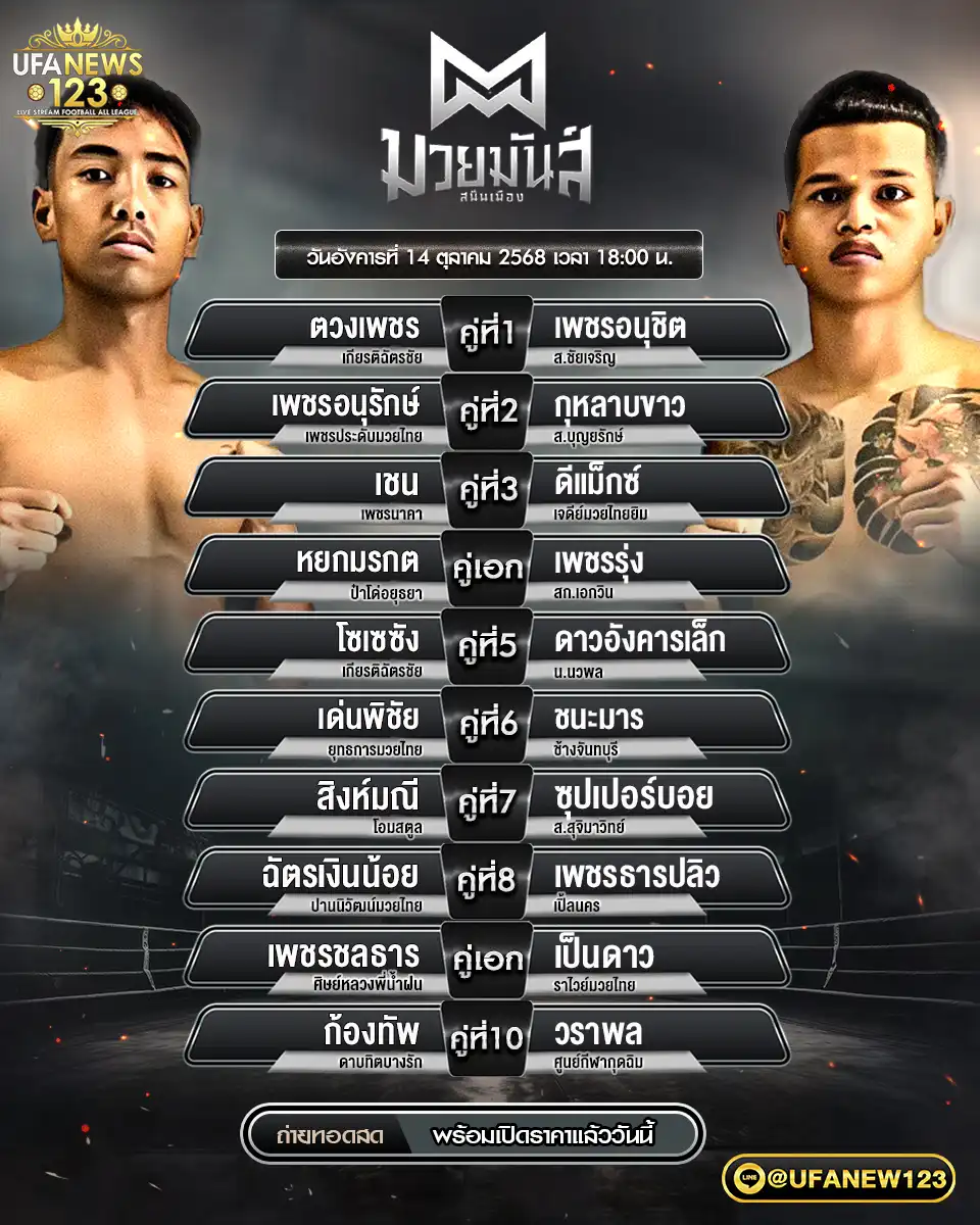 รายการโปรแกรมมวยประจำวันที่ 14 ตุลาคม 2568 | ศึกมวยมันส์สนั่นเมือง (เริ่มเวลา 18:00 น.)