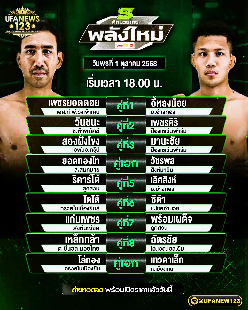 ตารางโปรแกรมมวย วันที่ 01 ตุลาคม 2568 | ศึกมวยไทยพลังใหม่ เริ่ม 18:00 น.