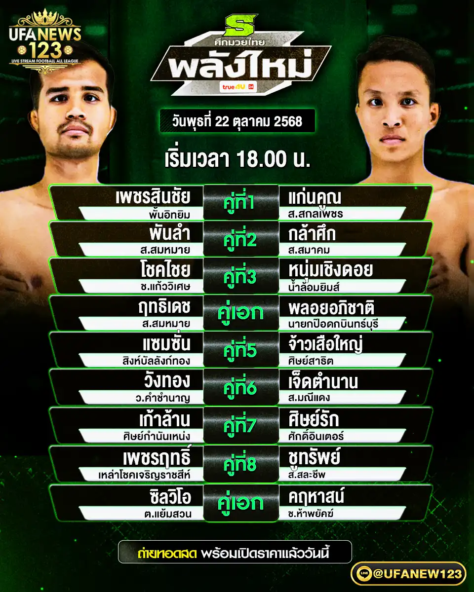 รายการโปรแกรมมวยประจำวันที่ 22 ตุลาคม 2568 | ศึกมวยไทยพลังใหม่ เริ่มแข่งขันเวลา 18:00 น.