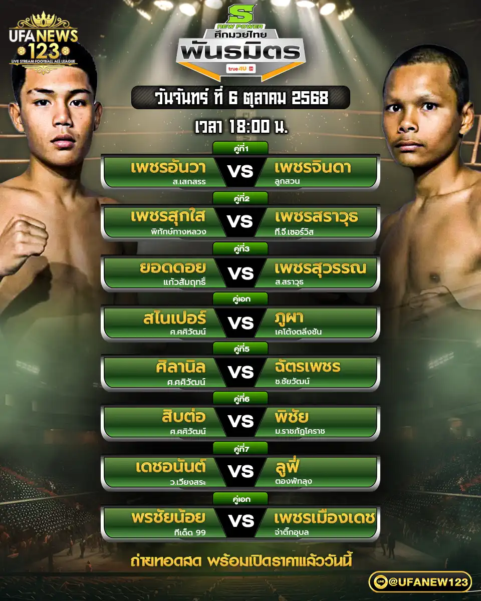 รายละเอียดการแข่งขัน ศึกมวยไทยพันธมิตร | วันที่ 06 ตุลาคม 2568 เริ่มแข่งขันเวลา 18:00 น.