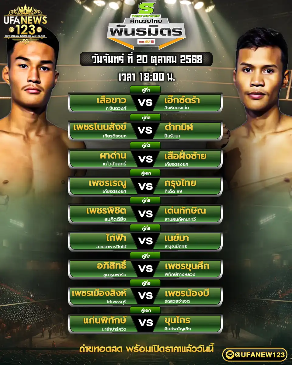 รายการโปรแกรมมวยประจำวันที่ 20 ตุลาคม 2568 | ศึกมวยไทยพันธมิตร เริ่มเวลา 18:00 น.