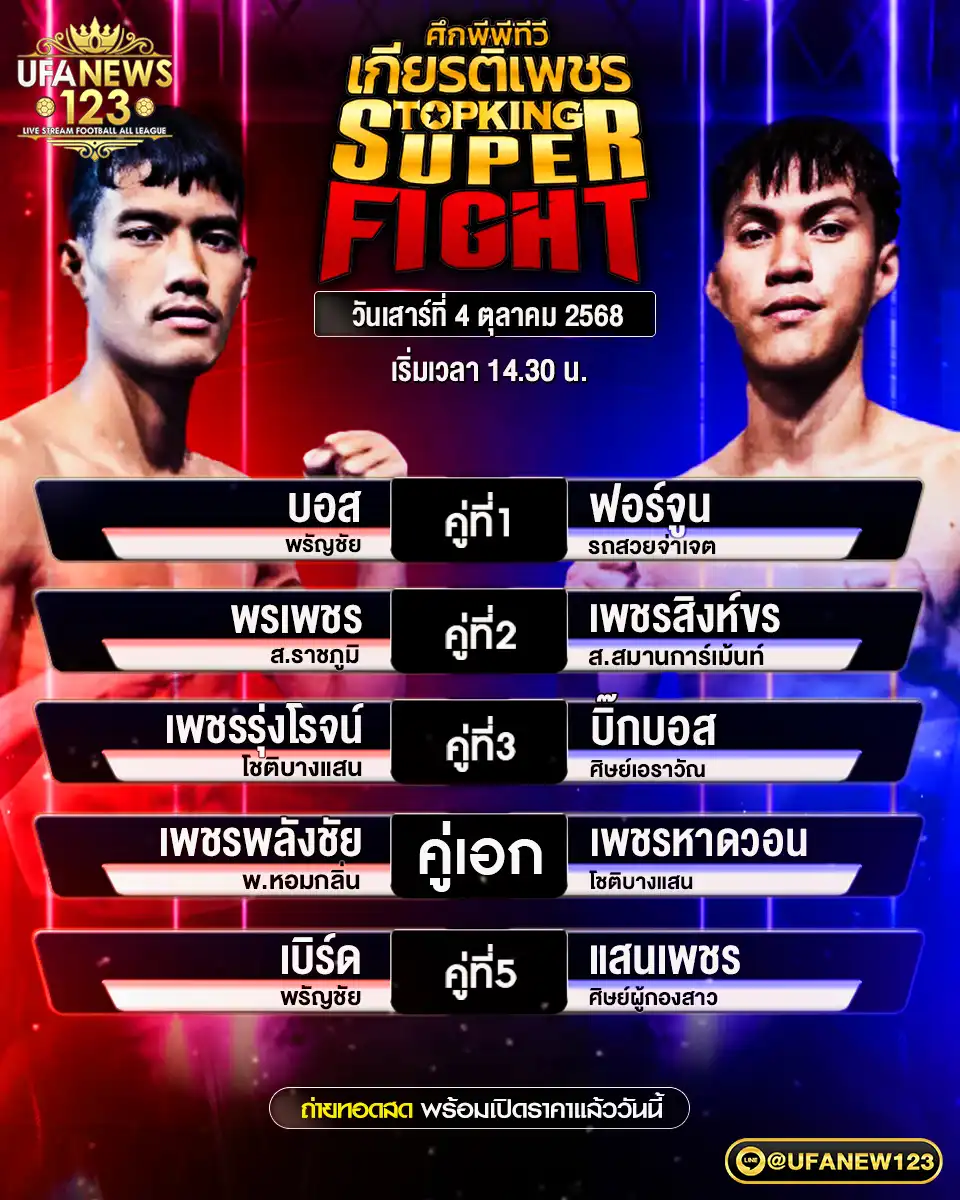 รายการมวยประจำวันที่ 04 ตุลาคม 2568 ศึกมวยไทยเกียรติเพชร | เริ่มเวลา 14:30 น.