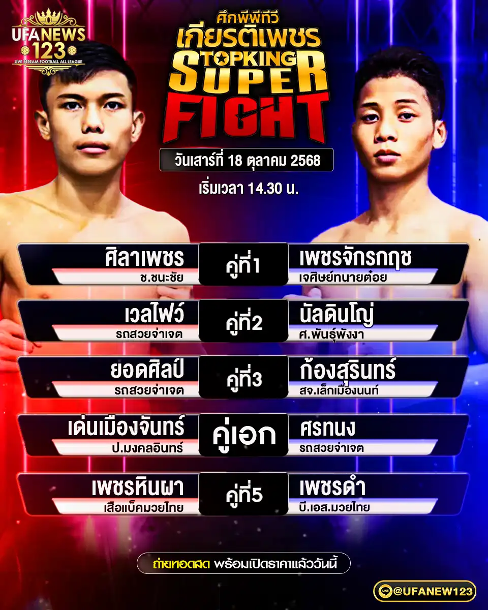 รายการโปรแกรมมวยประจำวันที่ 18 ตุลาคม 2568 | ศึกมวยไทยเกียรติเพชร (เริ่มเวลา 14:30 น.) 18 ตุลาคม 2568
