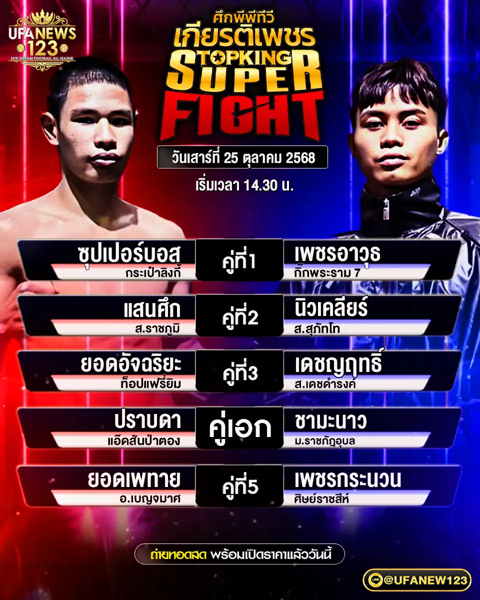 รายการโปรแกรมมวยไทยประจำวันที่ 25 ตุลาคม 2568 | ศึกมวยไทยเกียรติเพชร เริ่มเวลา 14:30 น.