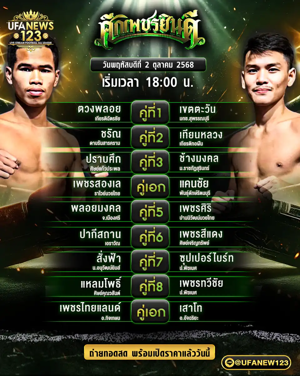 โปรแกรมมวย วันที่ 02 ตุลาคม 2568 | ศึกเพชรยินดี เริ่ม 18:00 น.
