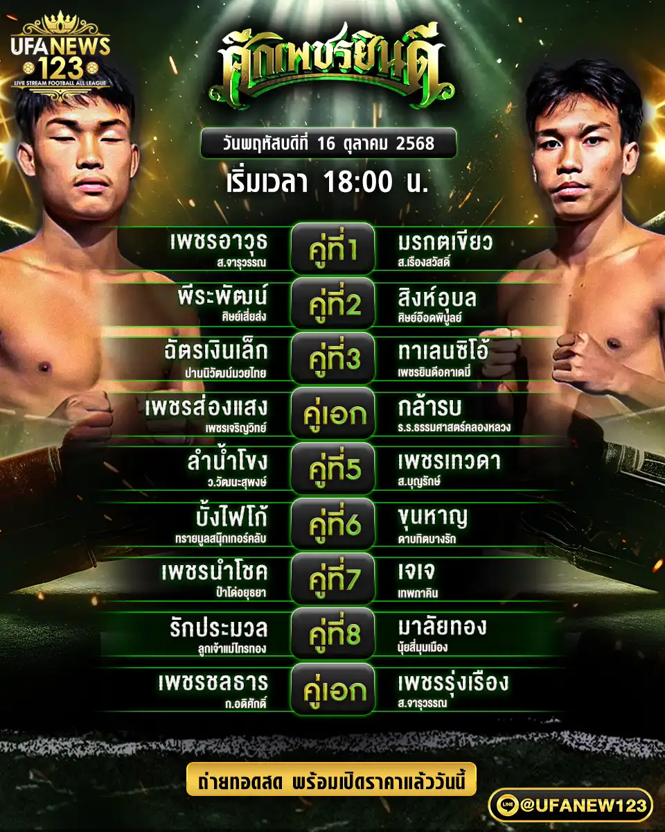 รายการโปรแกรมมวยประจำวันที่ 16 ตุลาคม 2568 | ศึกเพชรยินดี (เริ่มเวลา 18:00 น.)