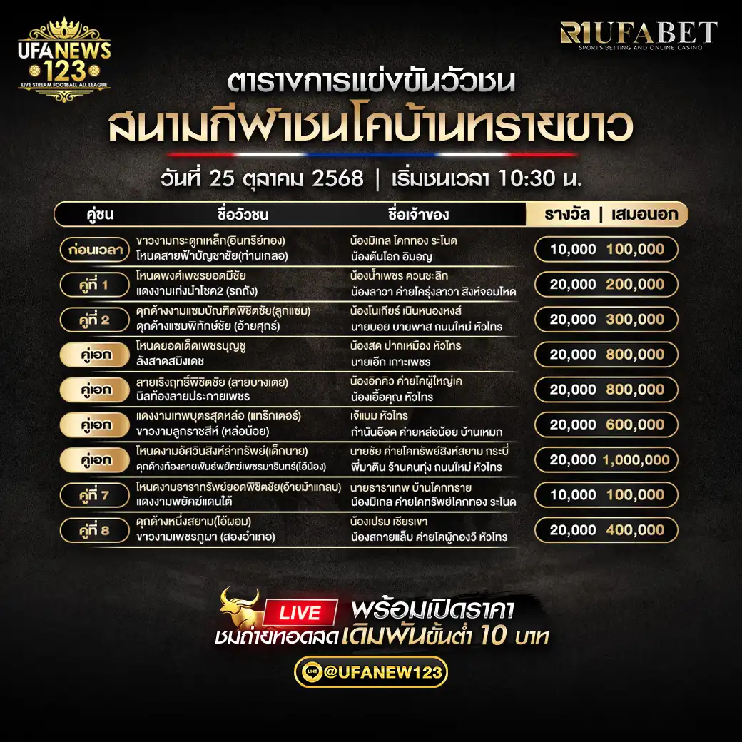 รายการแข่งขันวัวชนประจำวันที่ 25 ตุลาคม 2568 | สนามกีฬาชนโคบ้านทรายขาว เริ่มเวลา 10:30 น.