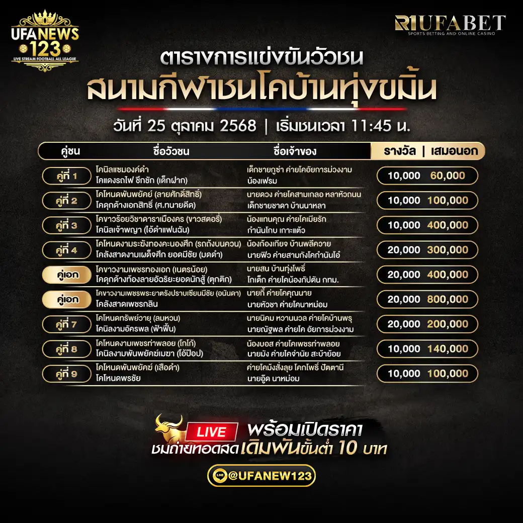 รายการแข่งขันวัวชนประจำวันที่ 25 ตุลาคม 2568 | สนามกีฬาชนโคบ้านทุ่งขมิ้น เริ่มเวลา 11:45 น.