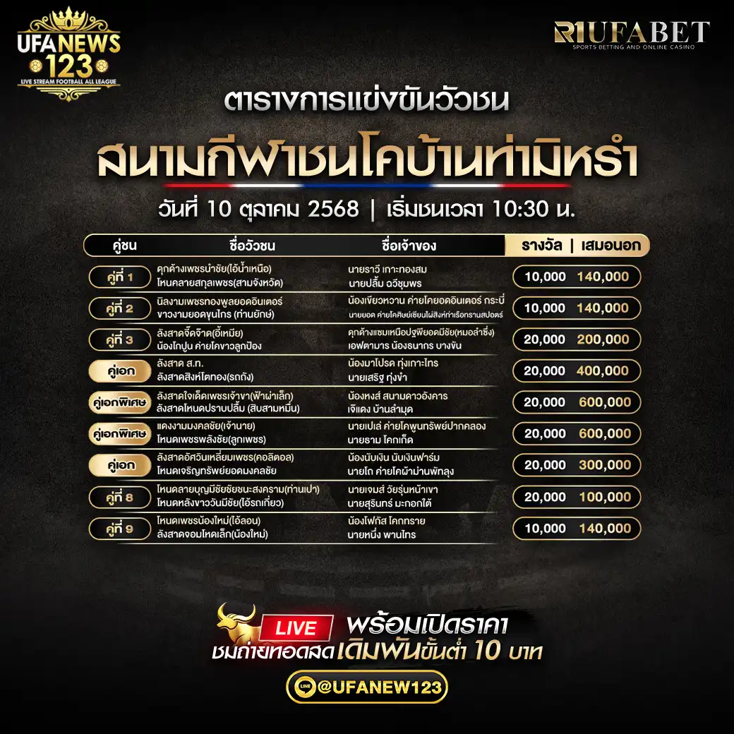 รายการโปรแกรมวัวชนประจำวันที่ 10 ตุลาคม 2568 | สนามกีฬาชนโคบ้านท่ามิหรำ เริ่มเวลา 10:30 น.