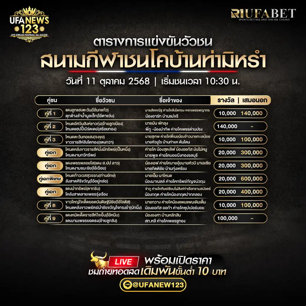 รายการโปรแกรมวัวชนประจำวันที่ 11 ตุลาคม 2568 | สนามชนโคบ้านท่ามิหรำ ⏰ เริ่มเวลา 10:00 น.