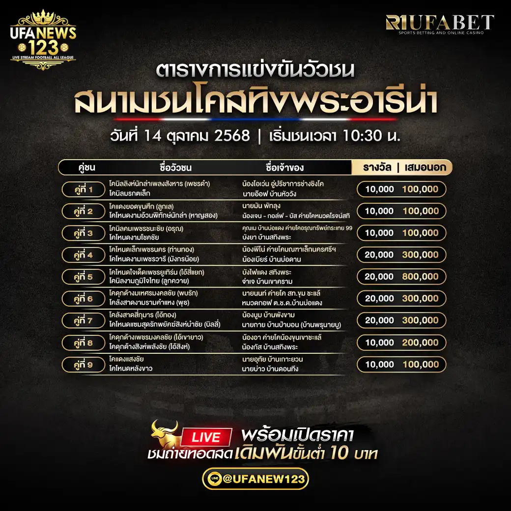 รายการโปรแกรมวัวชนประจำวันที่ 14 ตุลาคม 2568 | สนามกีฬาชนโคสทิงพระอารีน่า (เริ่มเวลา 10:30 น.)