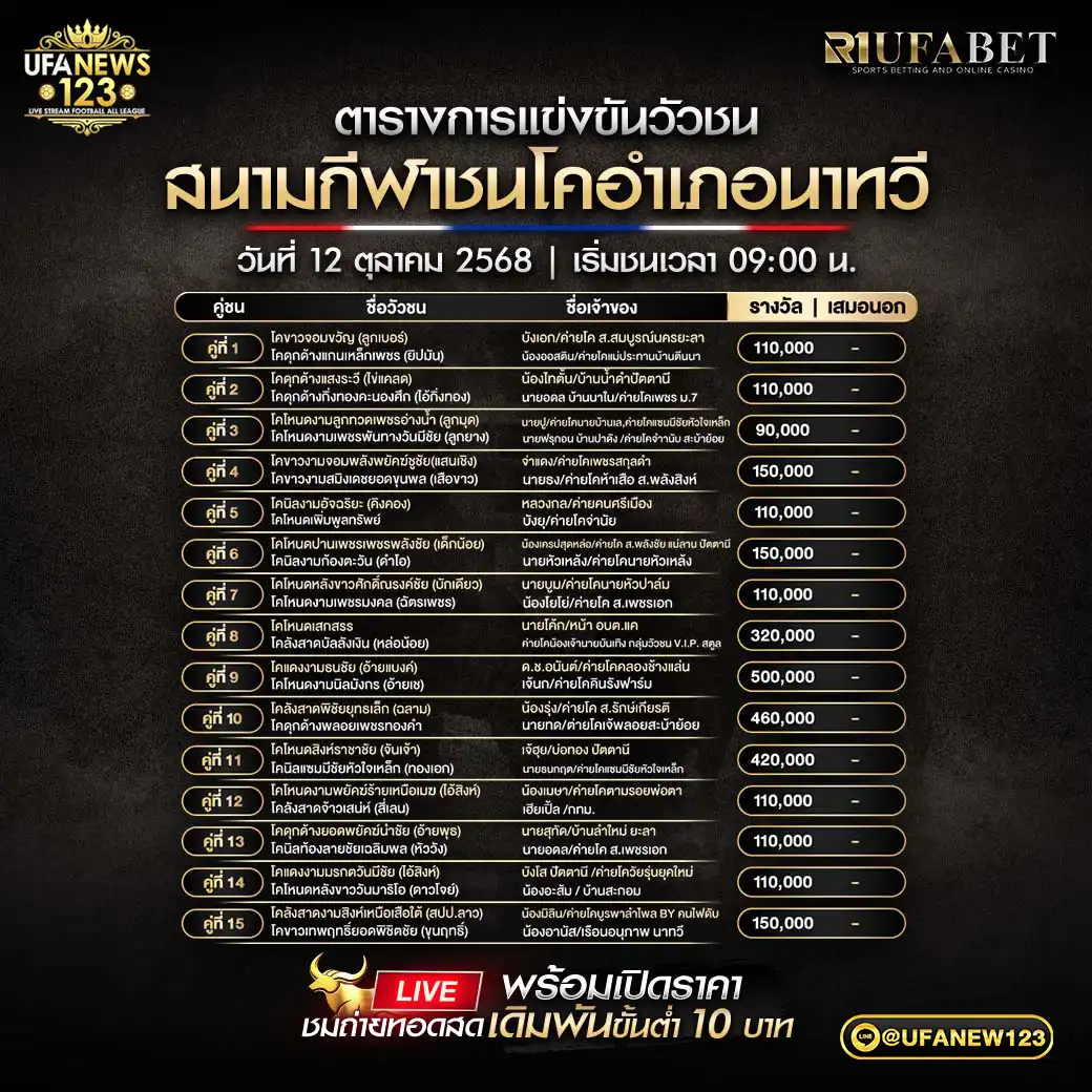 รายการโปรแกรมวัวชนประจำวันที่ 12 ตุลาคม 2568 | สนามกีฬาชนโคอำเภอนาทวี เริ่มเวลา 09:00 น.