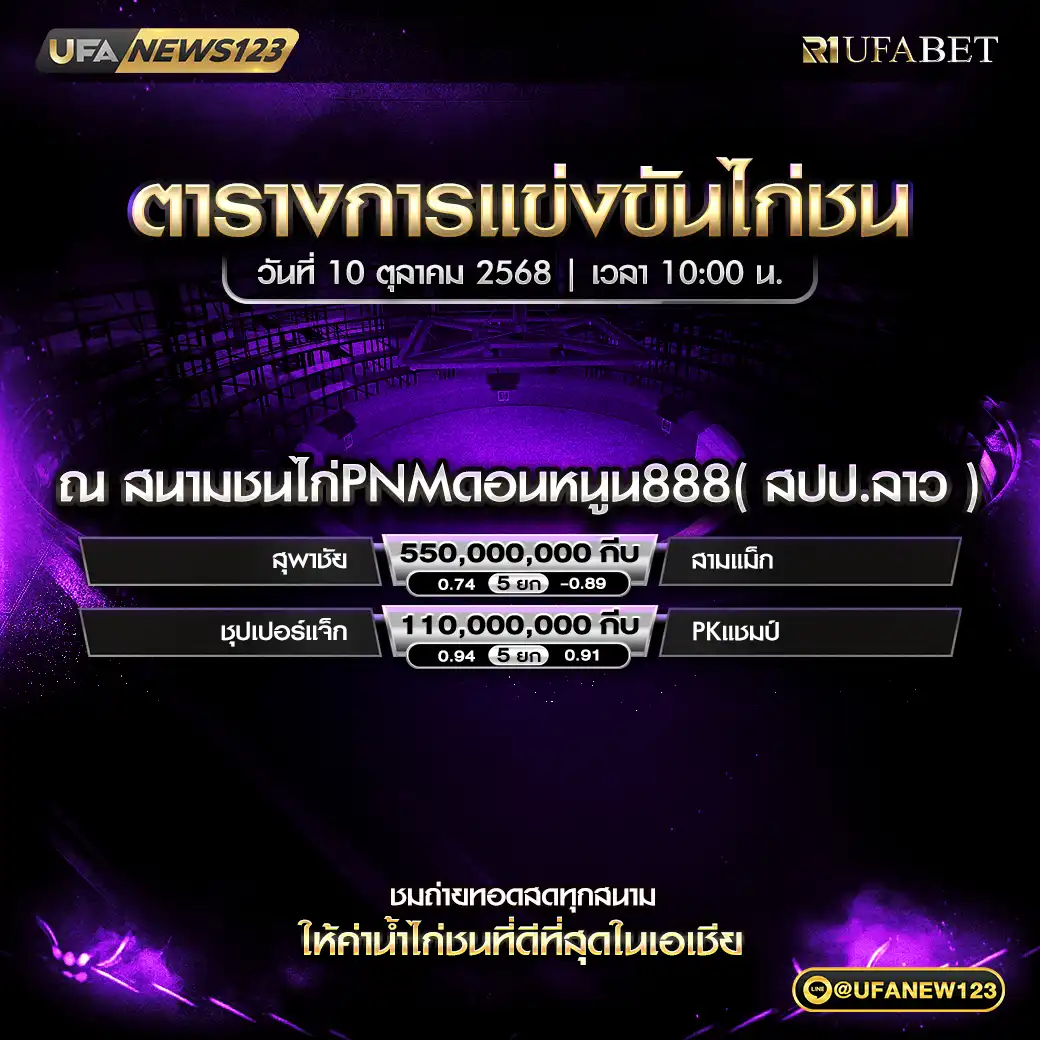 รายการโปรแกรมไก่ชนประจำวันที่ 10 ตุลาคม 2568 | สนามชนไก่ PNM ดอนหนูน888 (สปป.ลาว)