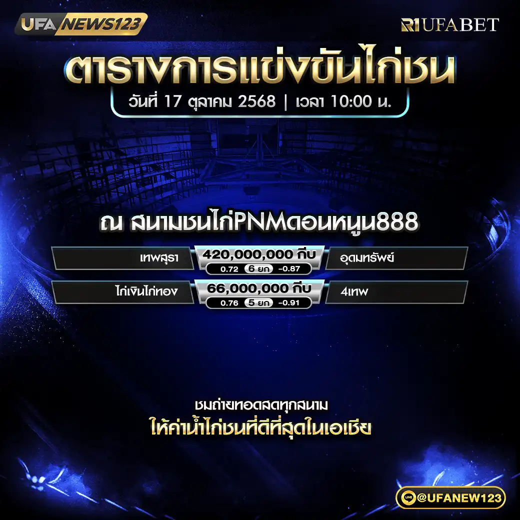 รายการโปรแกรมไก่ชนประจำวันที่ 17 ตุลาคม 2568 | สนามชนไก่ PNM ดอนหนูน888