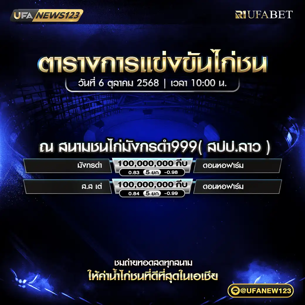 รายละเอียดการแข่งขันไก่ชนวันนี้ 06 ตุลาคม 2568 | สนามชนไก่มังกรดำ999 (สปป.ลาว)