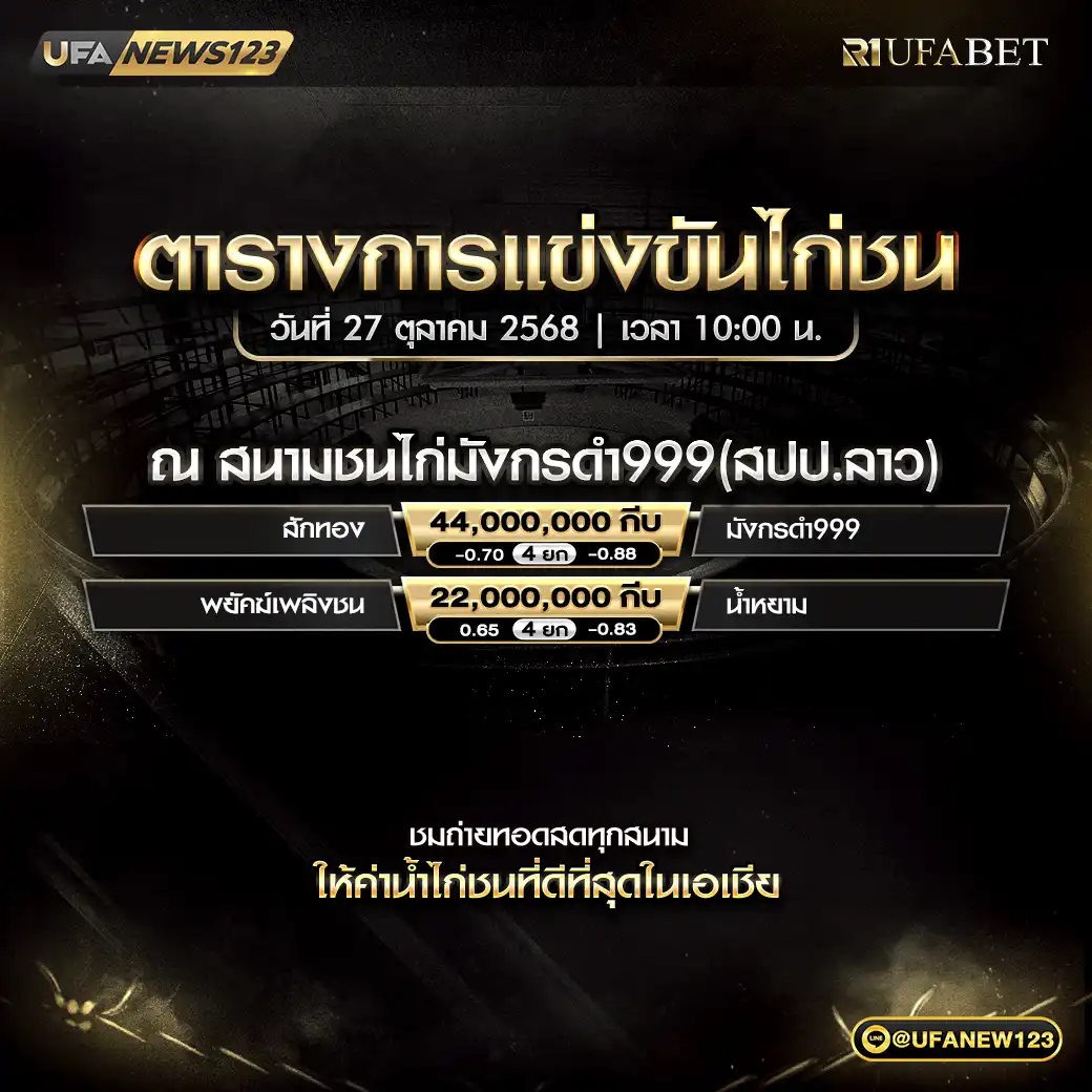 รายการโปรแกรมไก่ชนประจำวันที่ 27 ตุลาคม 2568 | สนามชนไก่มังกรดำ999 (สปป.ลาว) เริ่มแข่งขันเวลา 10:00 น. 27 ตุลาคม 2568
