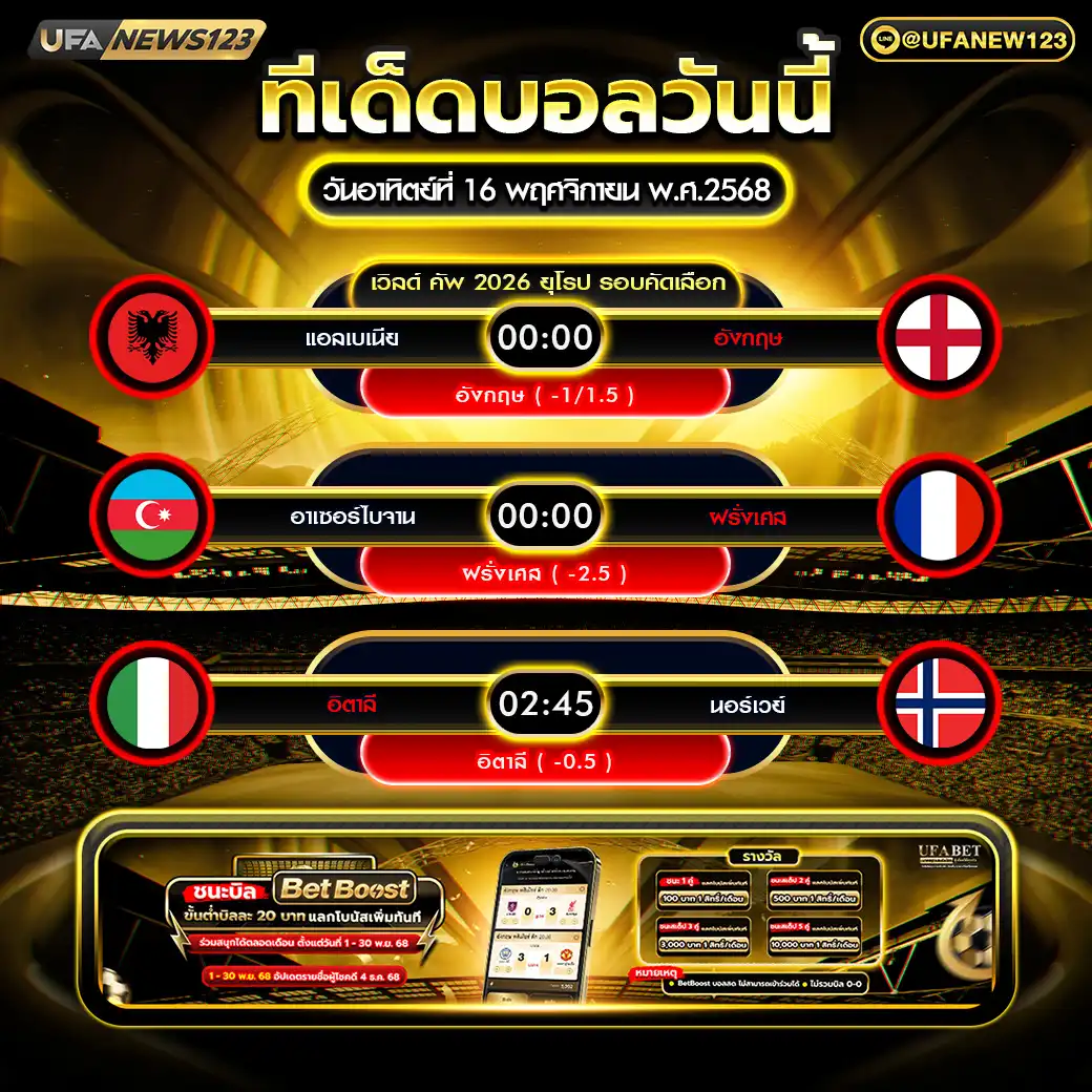 ทีเด็ดบอล แจกบอลสเต็ป 3 คู่ วันที่ 16 พฤศจิกายน 2568