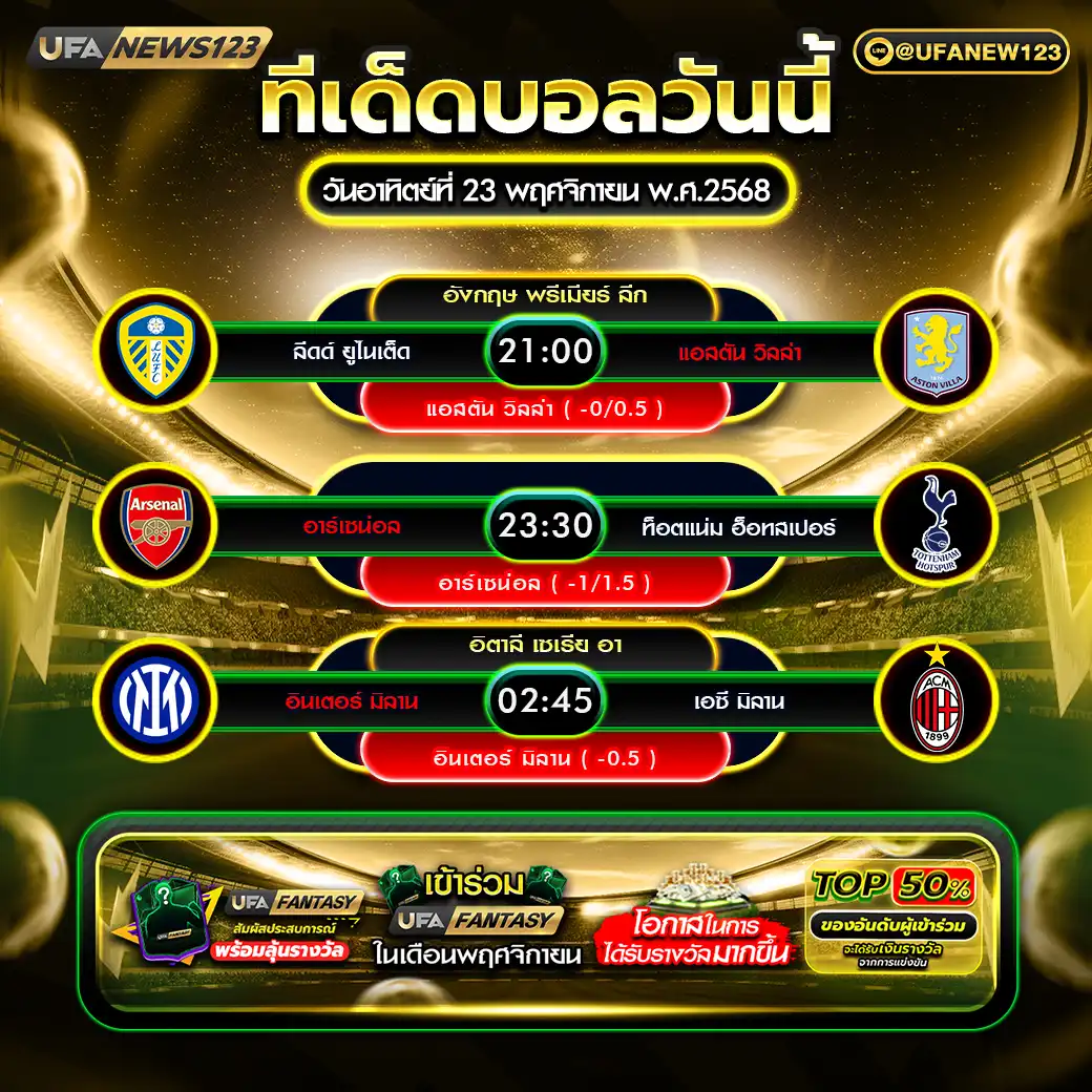 ทีเด็ดบอล แจกบอลสเต็ป 3 คู่ วันที่ 23 พฤศจิกายน 2568