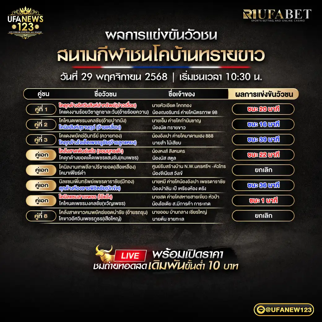 ผลวัวชนประจำวันที่ 29 พฤศจิกายน 2568 | สนามกีฬาชนโคบ้านทรายขาว 
