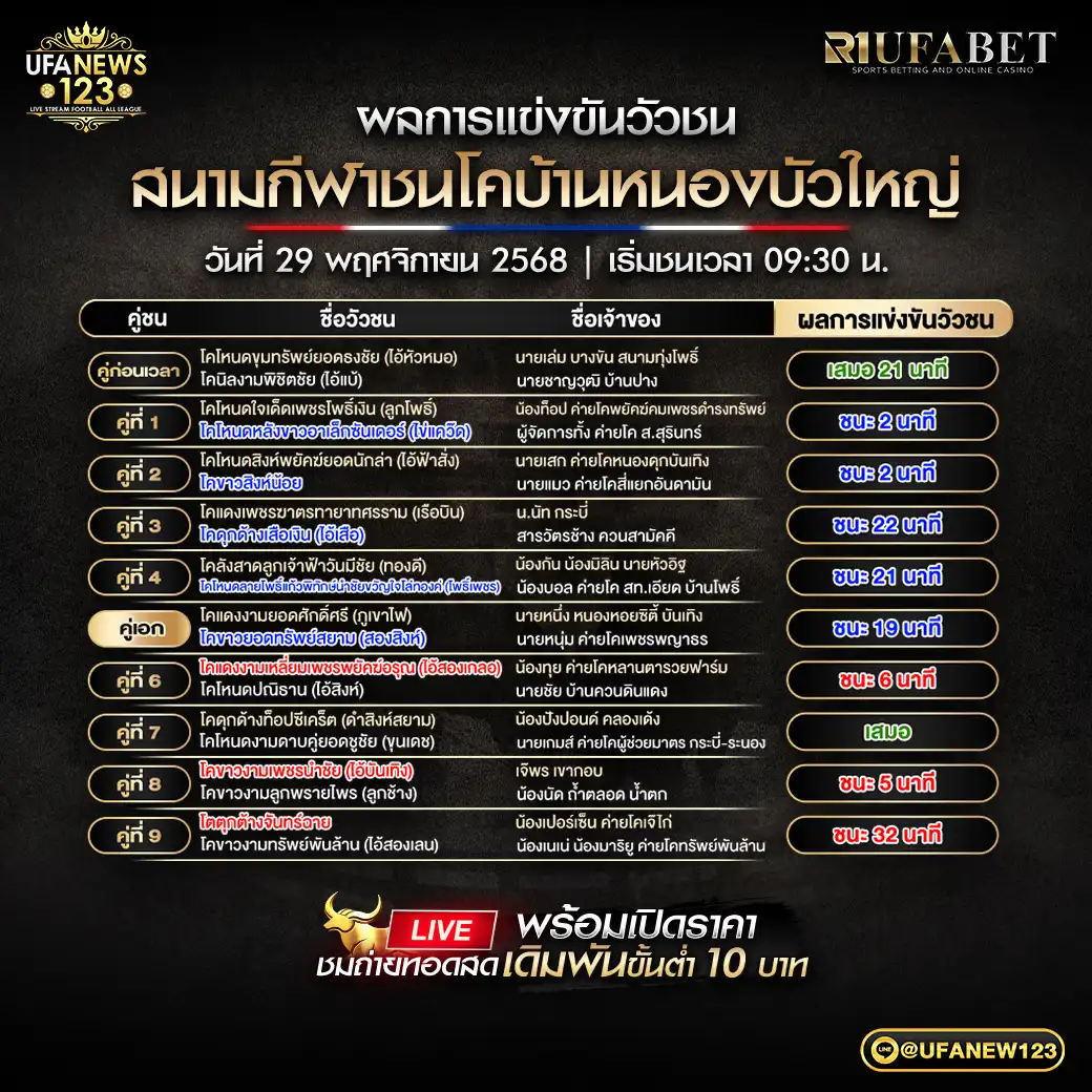 ผลวัวชนประจำวันที่ 29 พฤศจิกายน 2568 | สนามกีฬาชนโคบ้านหนองบัวใหญ่
