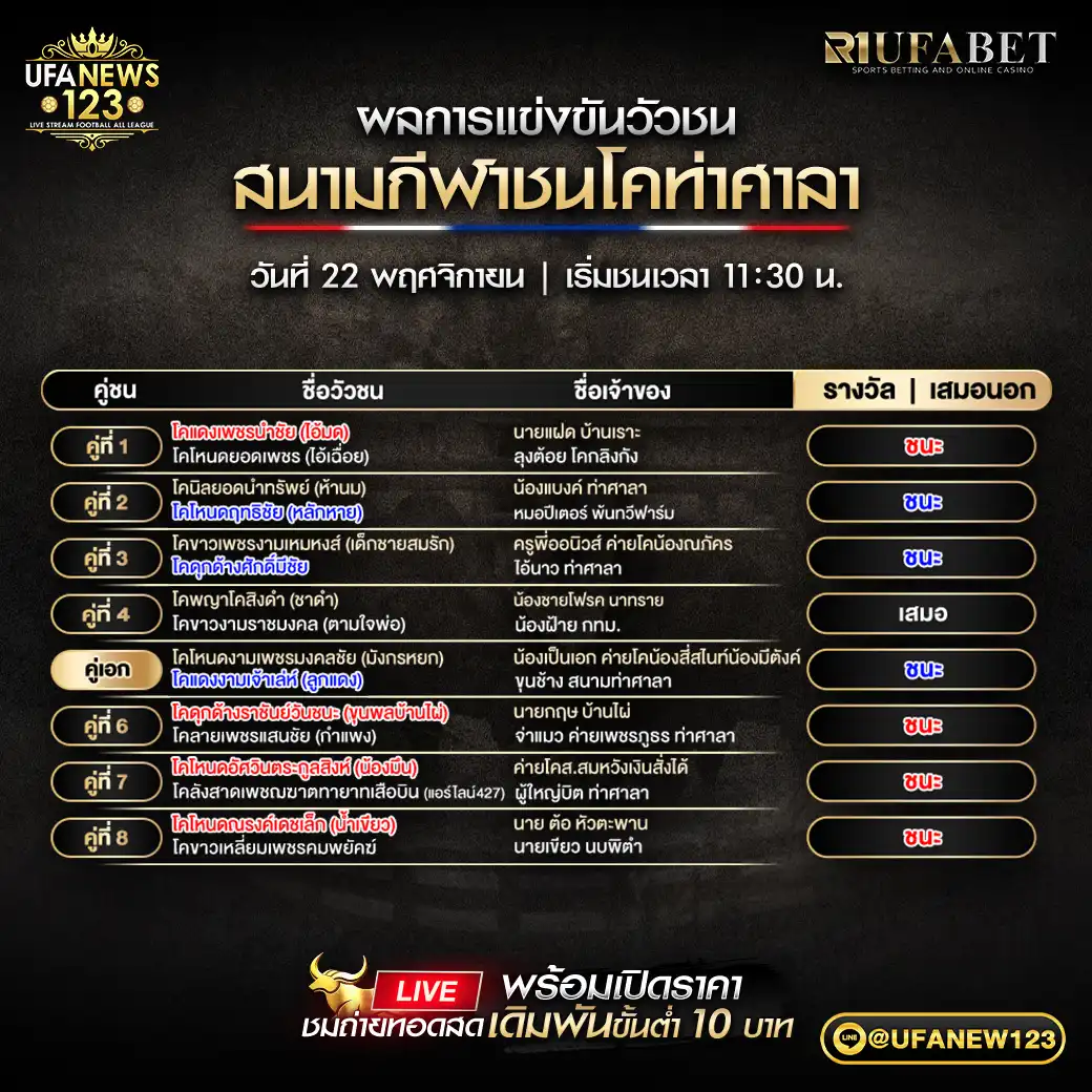 ผลวัวชนประจำวันที่ 22 พฤศจิกายน 2568 | สนามกีฬาชนโคท่าศาลา