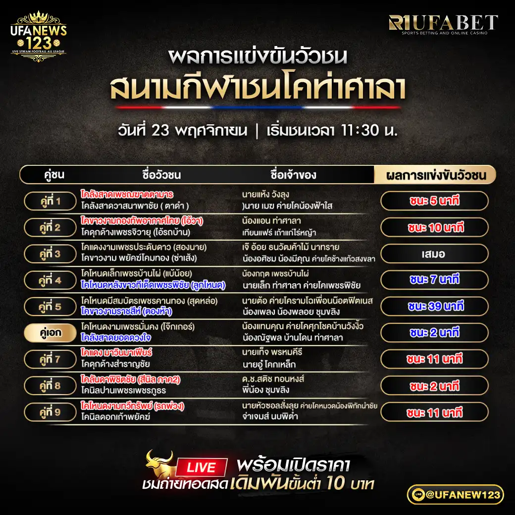 ผลวัวชนประจำวันที่ 23 พฤศจิกายน 2568 | สนามกีฬาชนโคท่าศาลา