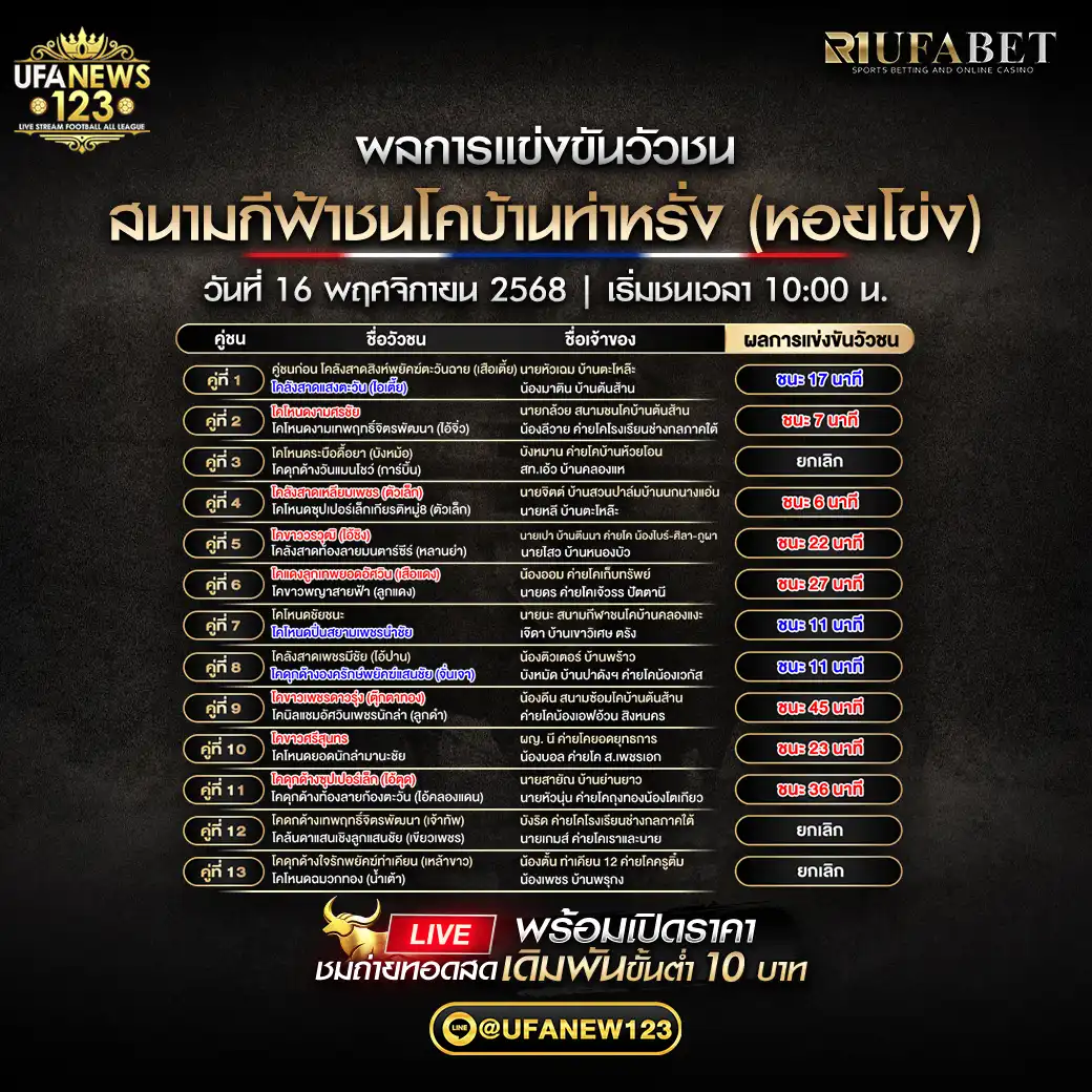 🐃 ผลวัวชนประจำวันที่ 16 พฤศจิกายน 2568 | สนามกีฬาชนโคบ้านท่าหรั่ง