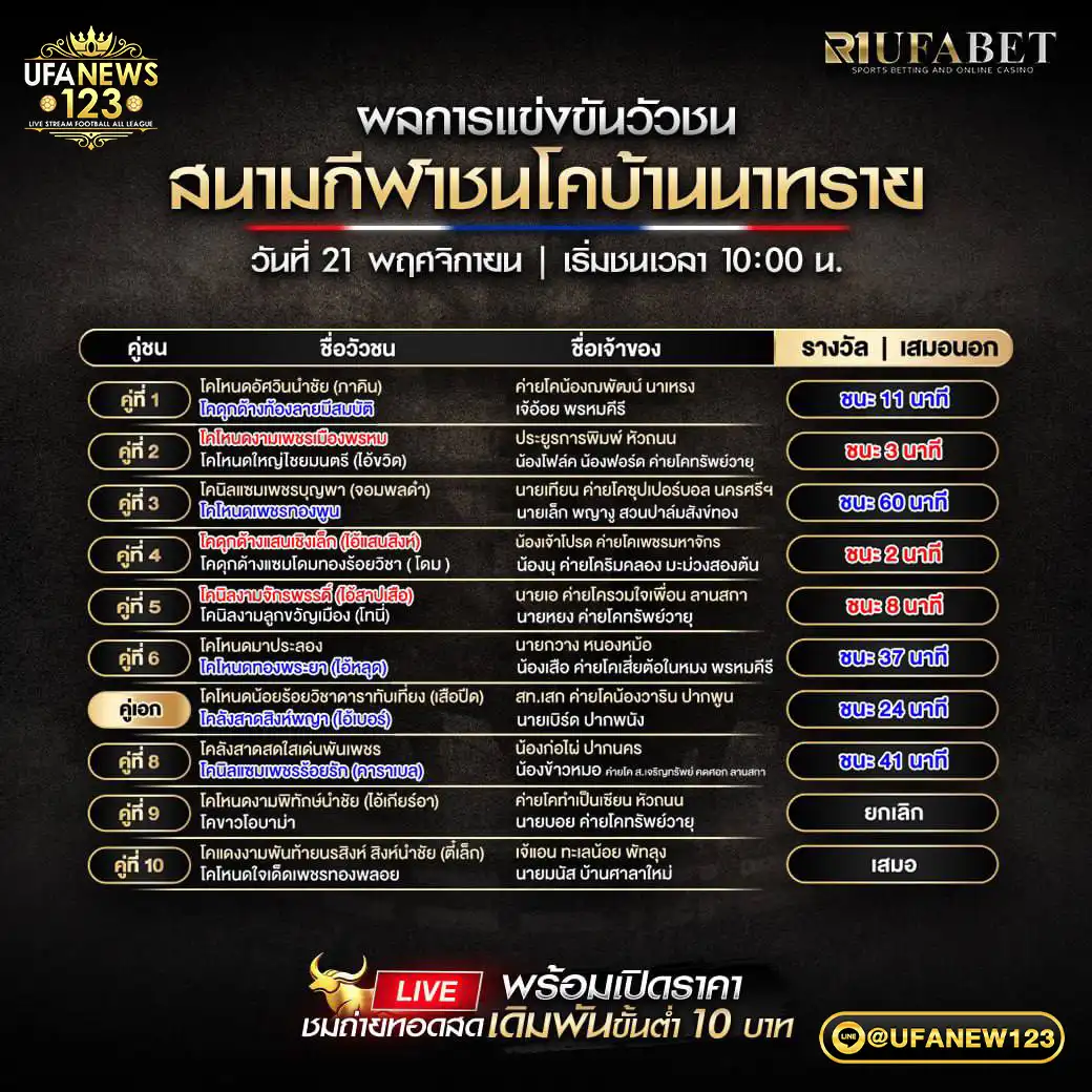 ผลวัวชนประจำวันที่ 21 พฤศจิกายน 2568 | สนามกีฬาชนโคบ้านนาทราย