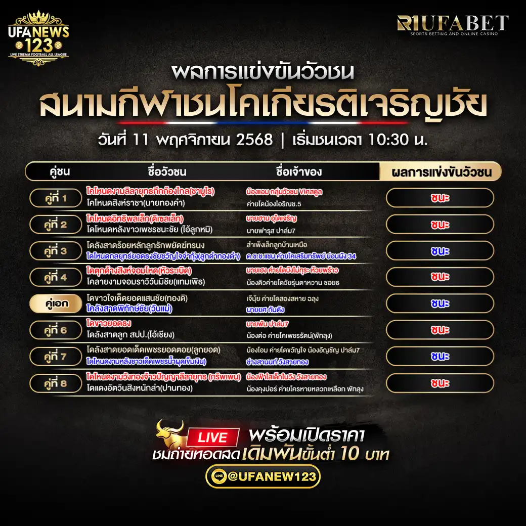 🐃 ผลวัวชนประจำวันที่ 11 พฤศจิกายน 2568 | สนามชนโคบ้านอุใดเจริญ บ้านผัง 34