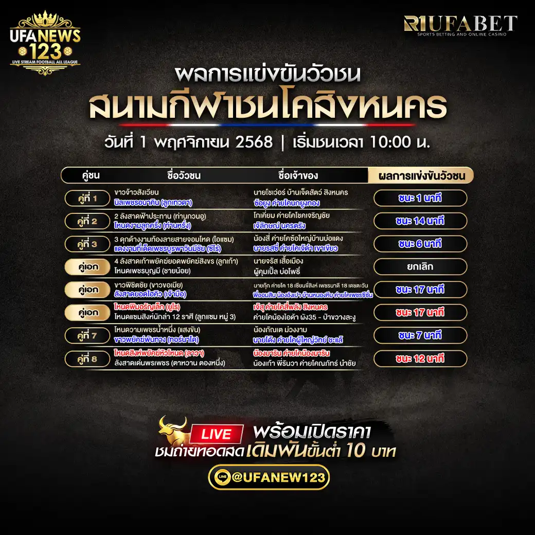 รายงานผลวัวชนประจำวันที่ 01 พฤศจิกายน 2568 | สนามกีฬาชนโคสิงหนคร