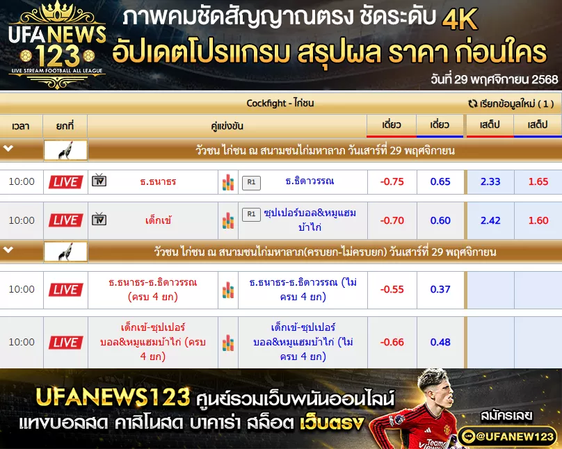 💸 ราคาไก่ชนประจำวันที่ 29 พฤศจิกายน 2568 | สนามชนไก่มหาลาภ เริ่มเวลา 10:00 น.