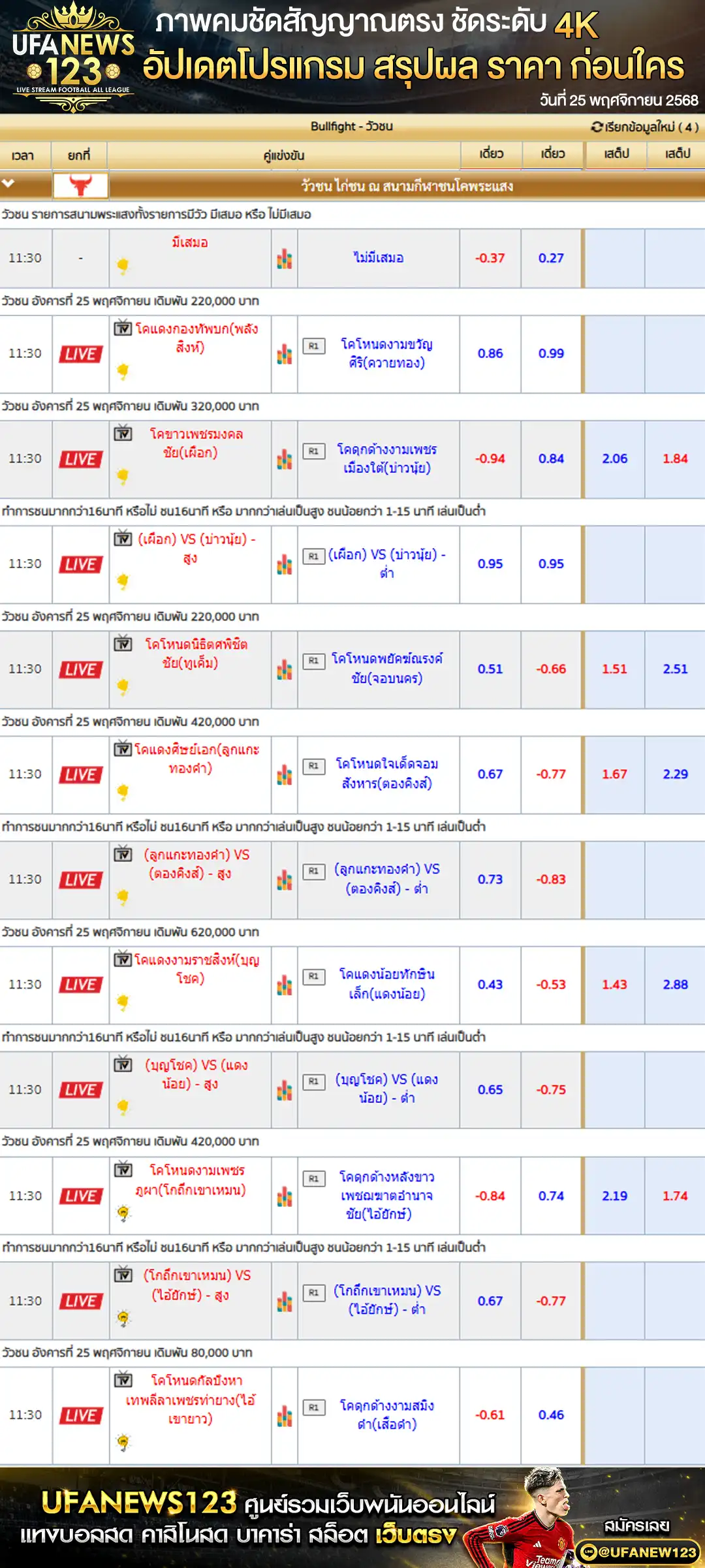 ราคาวัวชนประจำวันที่ 25 พฤศจิกายน 2568 | สนามกีฬาชนโคพระแสงคอมเพล็กซ์ เริ่มเวลา 10:30 น.
