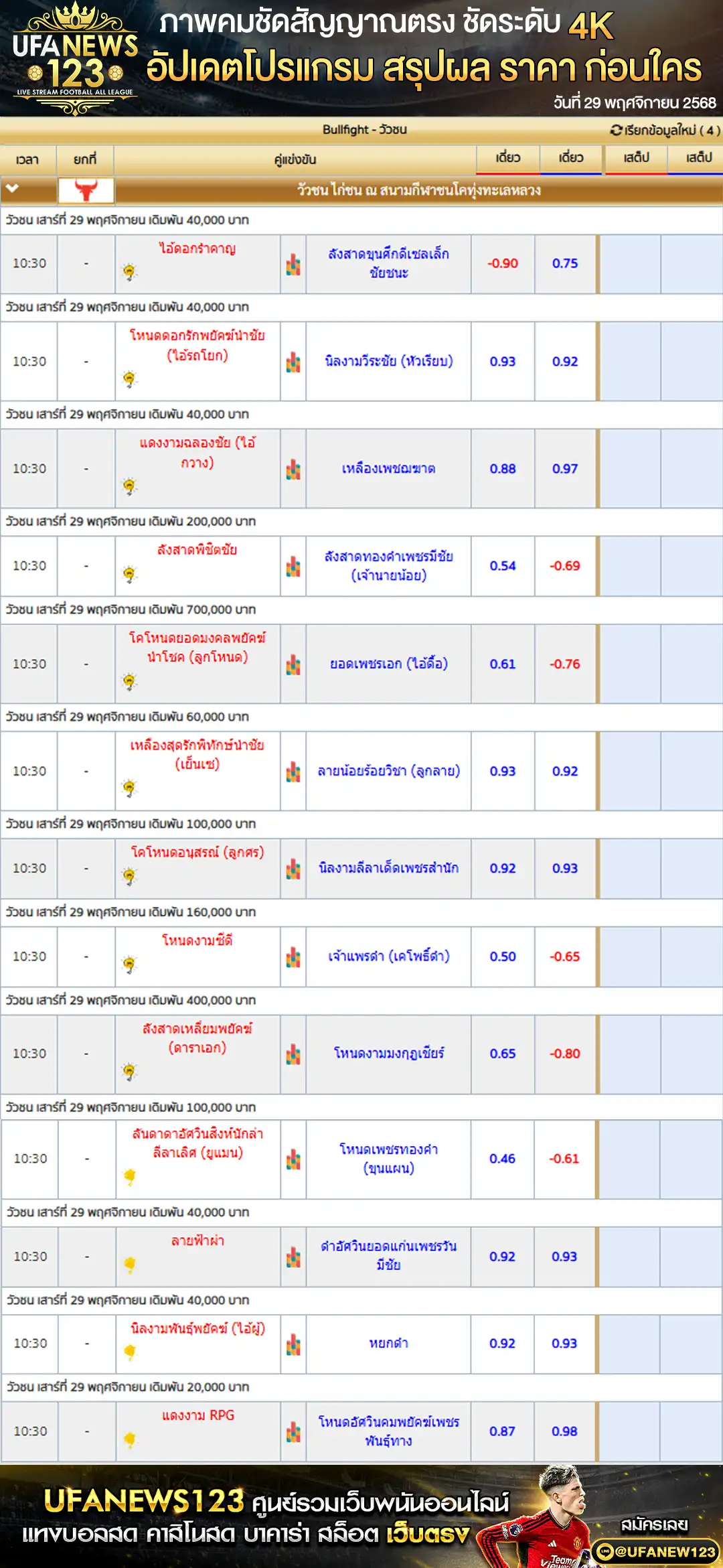 ราคาวัวชนประจำวันที่ 29 พฤศจิกายน 2568 | สนามกีฬาชนโคทุ่งทะเลหลวงสุโขทัย เริ่มเวลา 10:30 น.