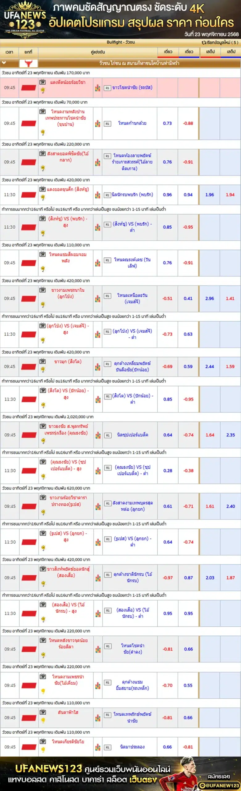 ราคาวัวชนประจำวันที่ 23 ตุลาคม 2568 | สนามกีฬาชนโคบ้านท่ามิหรำ เริ่มเวลา 10:30 น.