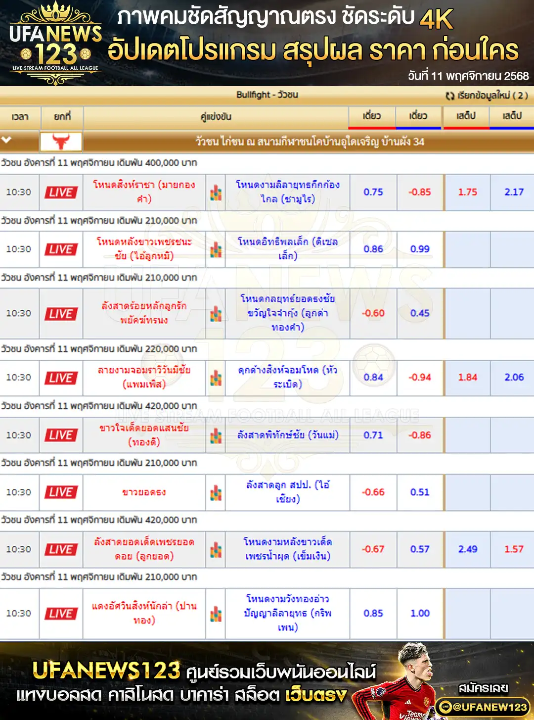 💸 ราคาวัวชนประจำวันที่ 11 พฤศจิกายน 2568 | สนามชนโคบ้านอุใดเจริญ บ้านผัง 34 เริ่มเวลา 10:30 น.