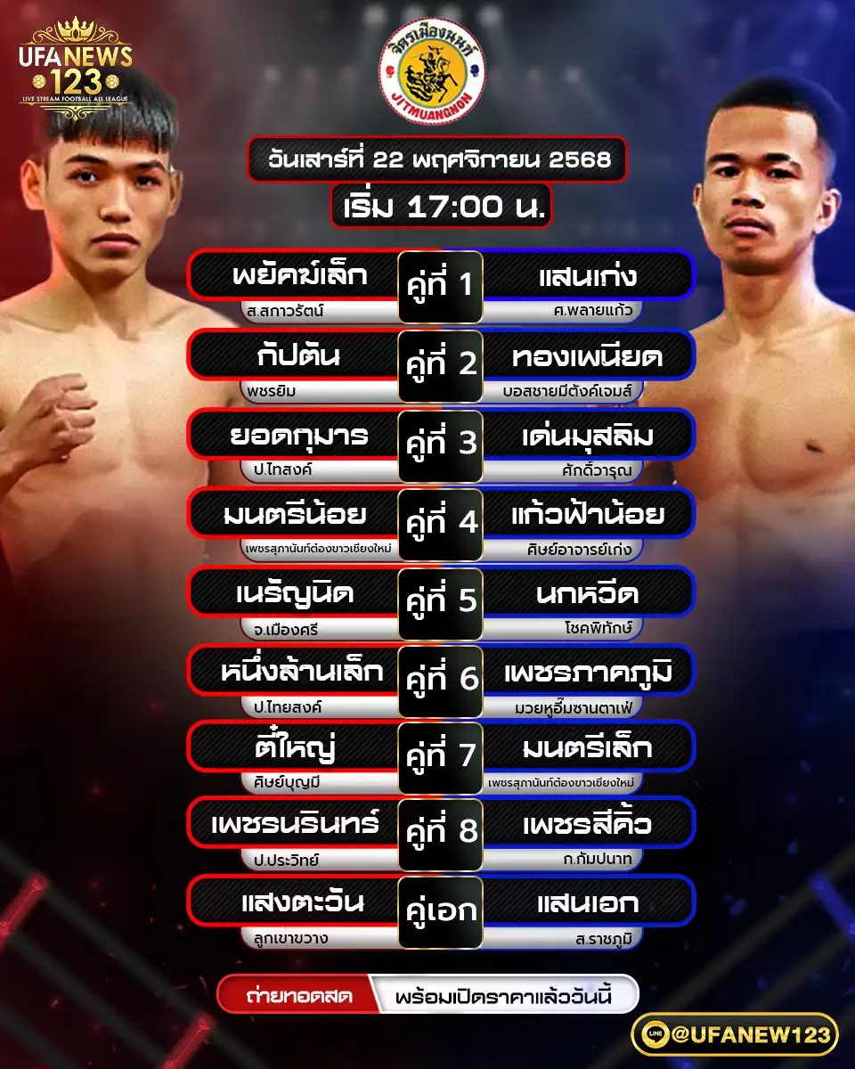 โปรแกรมมวยประจำวันที่ 22 พฤศจิกายน 2568 | ศึกจิตรเมืองนนท์ เริ่มเวลา 17.00 น.
